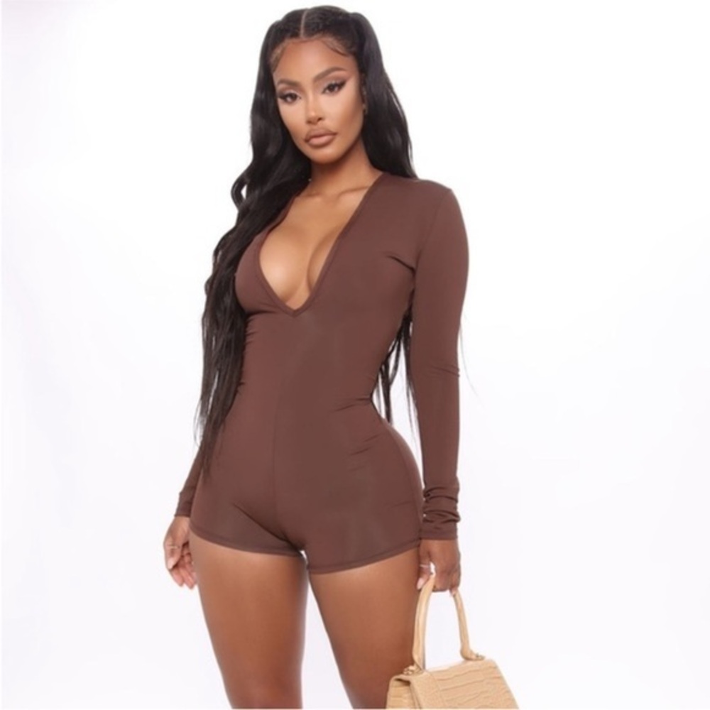 Fashion Nova Deep V Long Sleeve Brown Romper